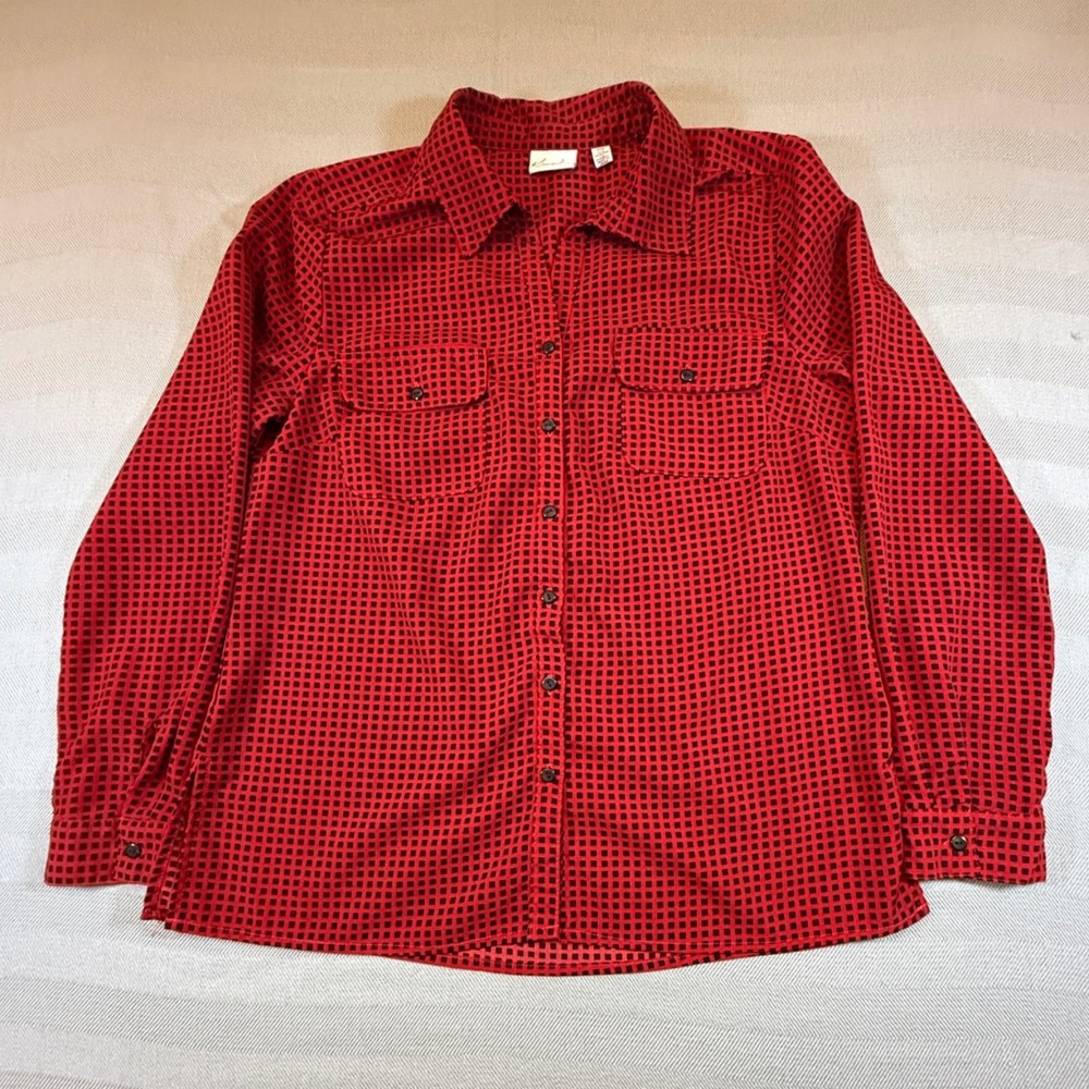 Kim Rogers Petite Red Black Grid Button Down Shirt Blouse Size PM  2467